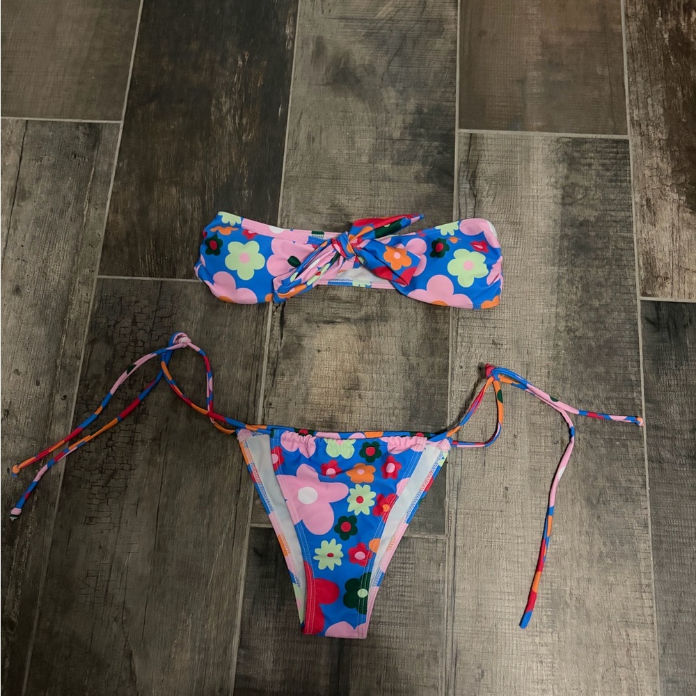 SHEIN Colorful Floral Bikini Set - Blue and Pink